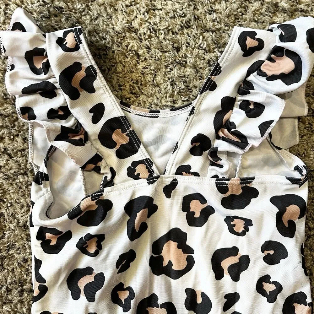 One-Piece Ruffle Sleeveless White Leopard Print Swimsuit Girls Sz 4-5 Year